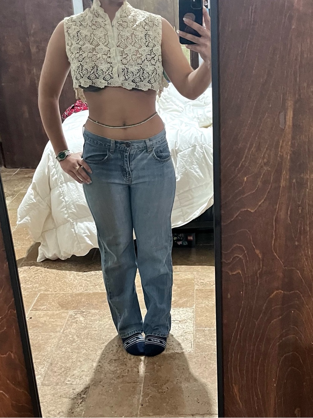 Vintage Ivory Floral Lace High Neck Cropped Vest Top